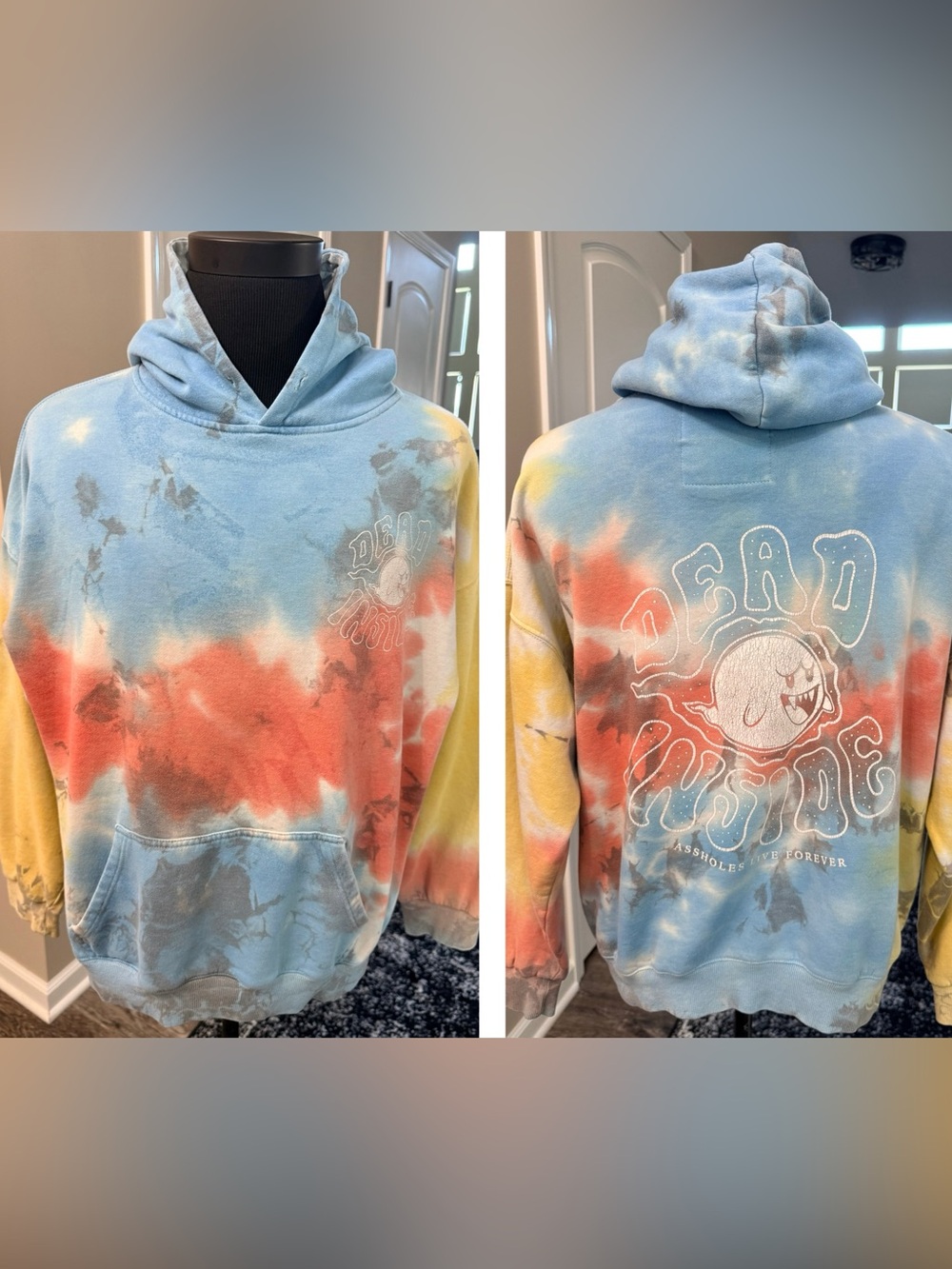 Assholes Live Forever Dead Inside Tie Dye Hoodie XL Stash Pocket label 2 sided